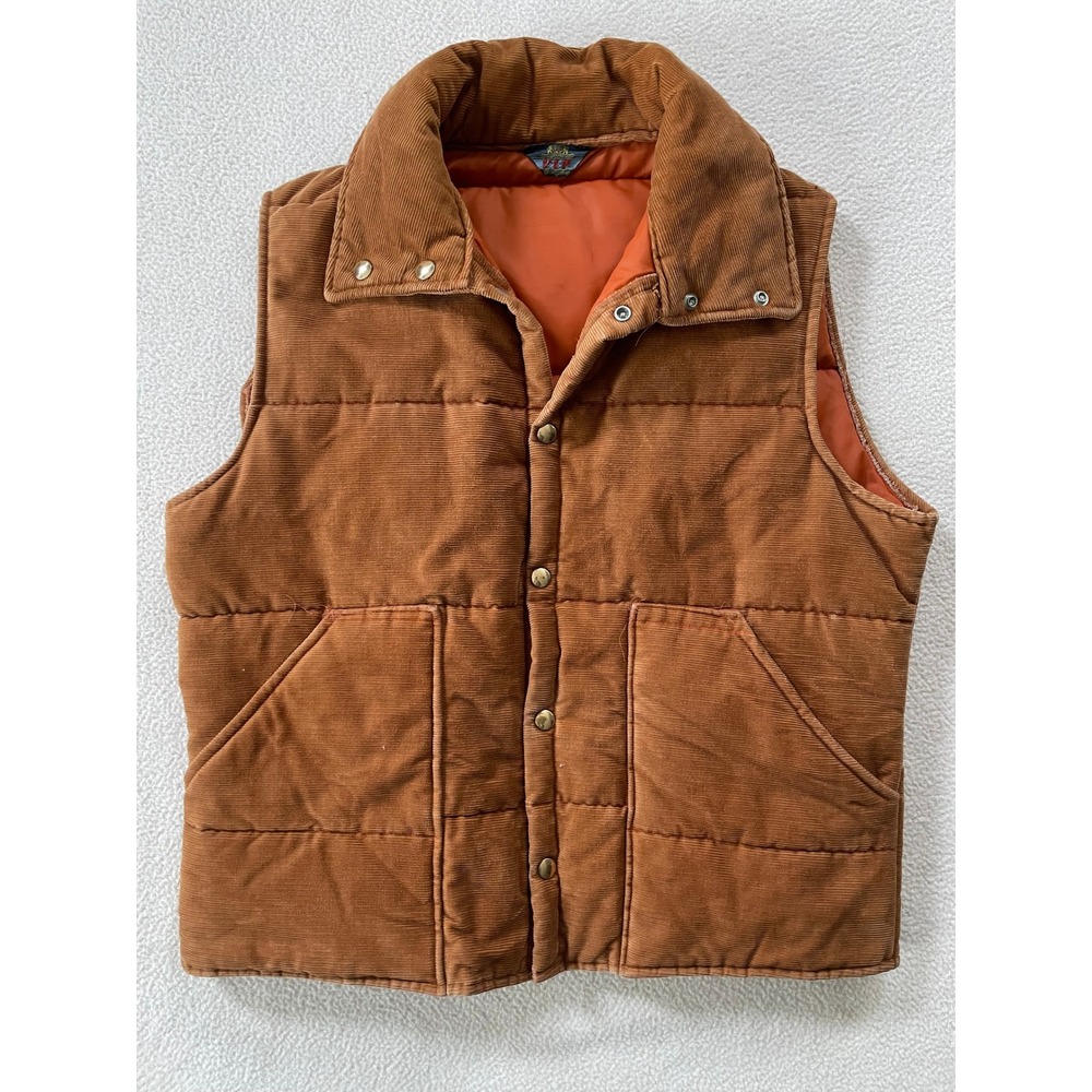 Vintage 70s VIP Sportswear Mens Medium Puffer Vest Brown Fine Corduroy Insulated